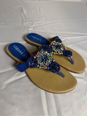Verona Blue Beaded Jeweled Thong Sandals